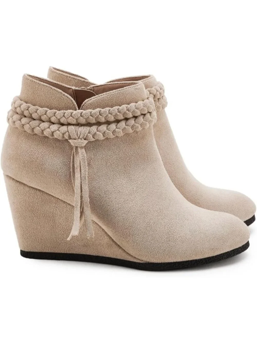 Women's Beige Braided Fringe Strap Western Heeled Fall Booties Dress Shoes